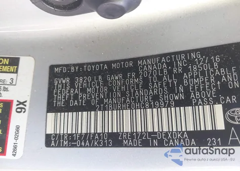 2017 Toyota Corolla L z USA, uszkodzony, nr VIN 2T1BURHE0HC819979